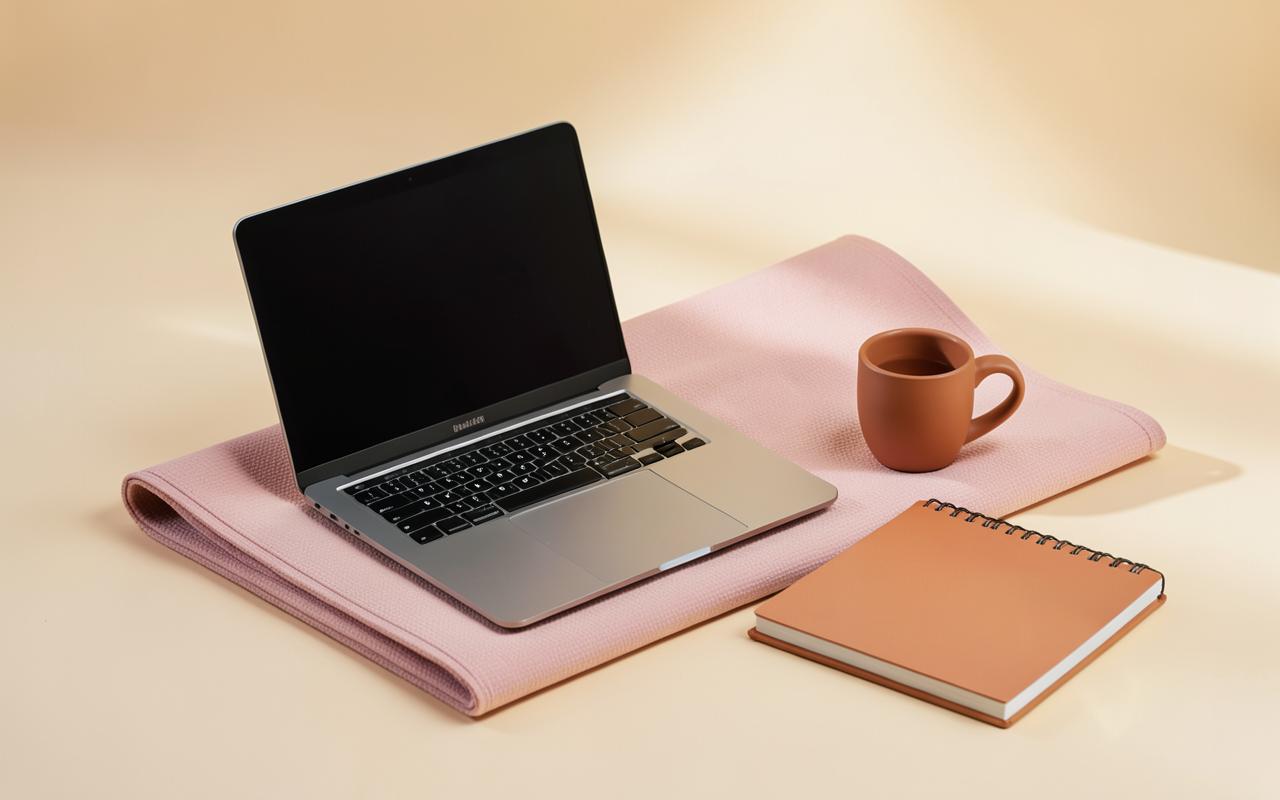 Portátil apoyado en una esterilla de yoga junto a una taza y un cuaderno