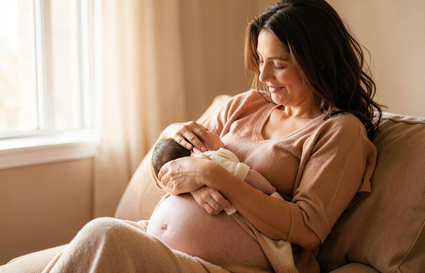 Madre sosteniendo a su bebé durante la recuperación posparto